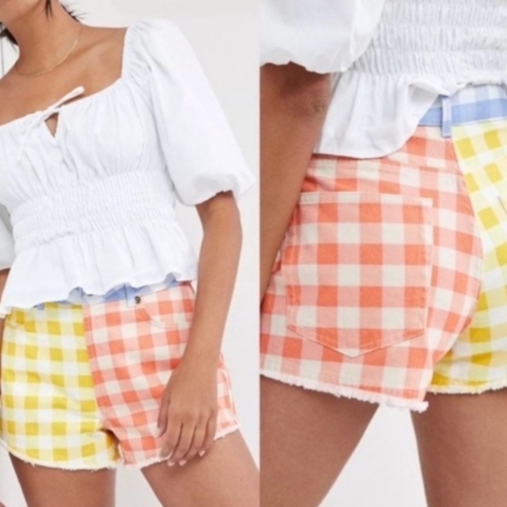 Farm Rio X Anthropologie Colorful Gingham High Waist Cut Off Denim Shorts Small - Picture 2 of 7